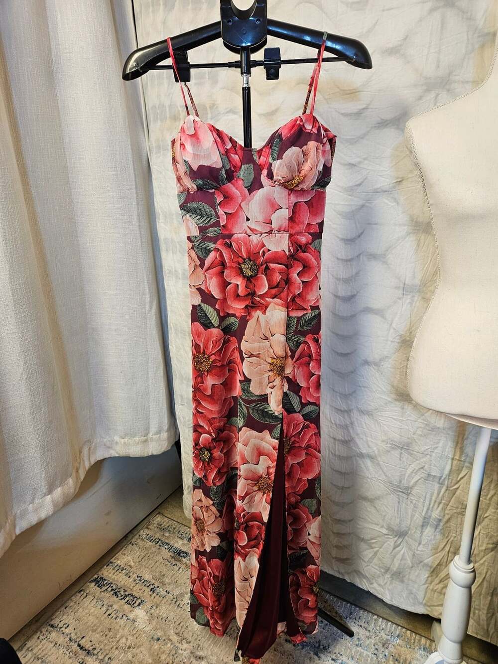Floral Maxi Dress Spaghetti Strap Off Shoulder Slit Burgandy Red - Picture 2 of 8